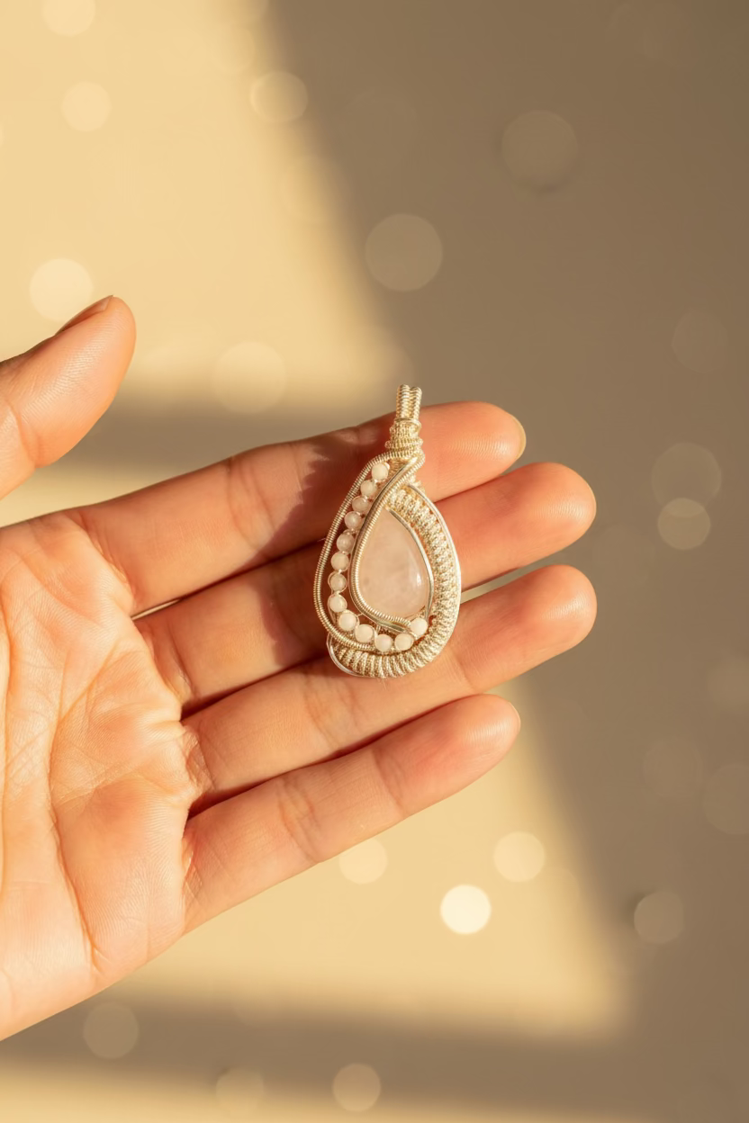 Close-up of the handcrafted Blushing Moon Pendant resting in a hand, showcasing natural Rose Quartz, Moonstones, and intricate silver-toned copper wire weaving.