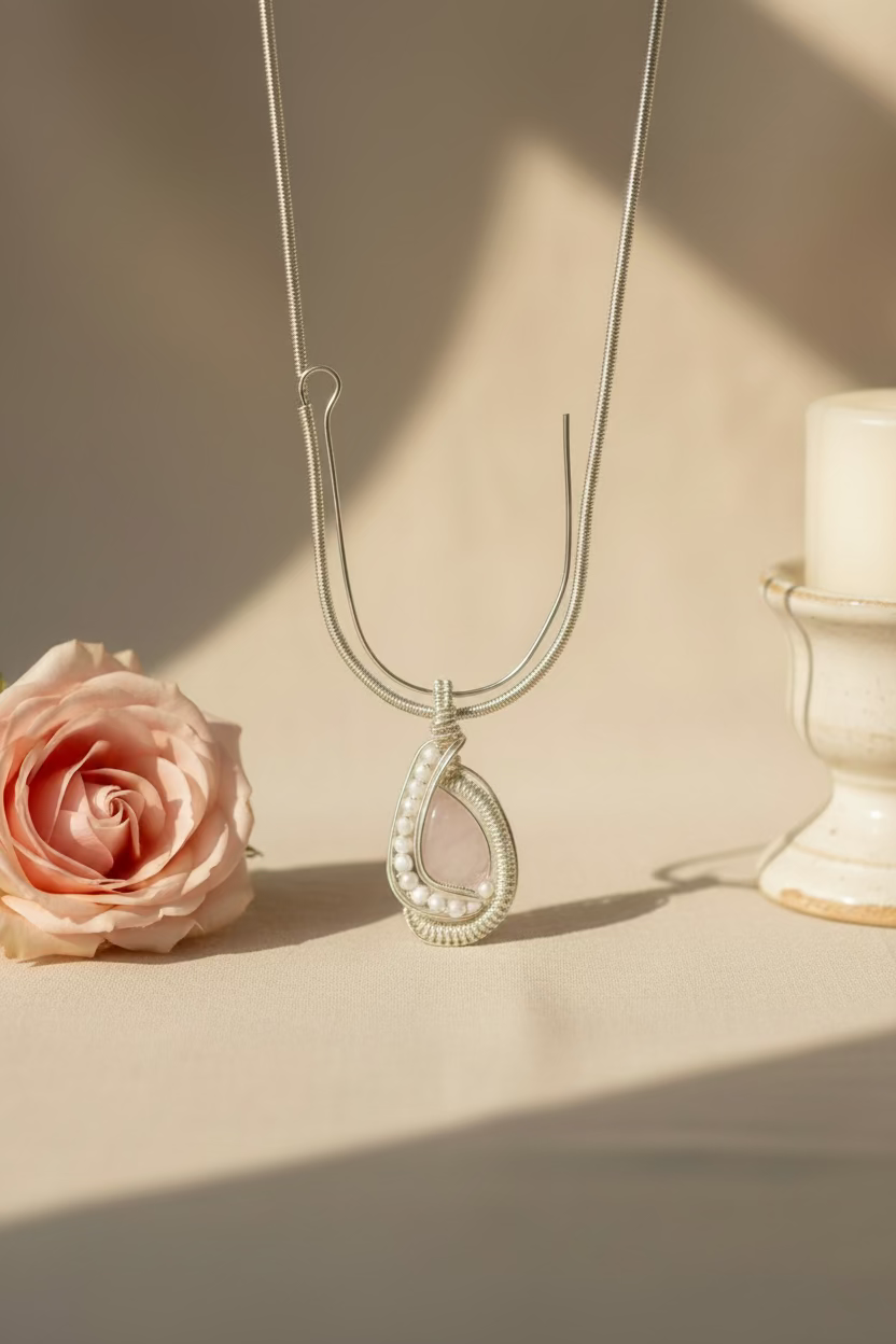 Handmade Blushing Moon Pendant displayed with rose, highlighting the natural Rose Quartz, Moonstones, and elegant silver-toned copper wire craftsmanship.
