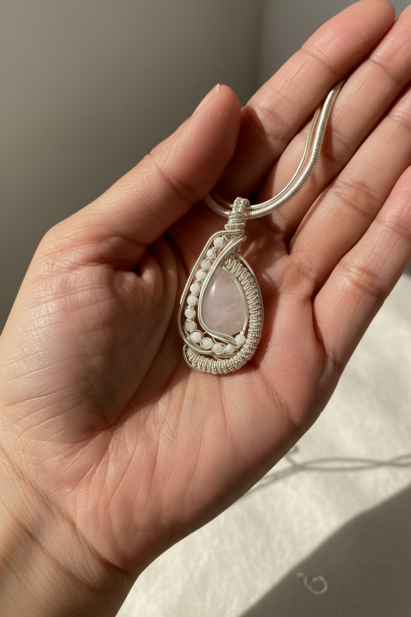 Close-up of the handcrafted Blushing Moon Pendant resting in a hand, showcasing natural Rose Quartz, Moonstones, and intricate silver-toned copper wire weaving.