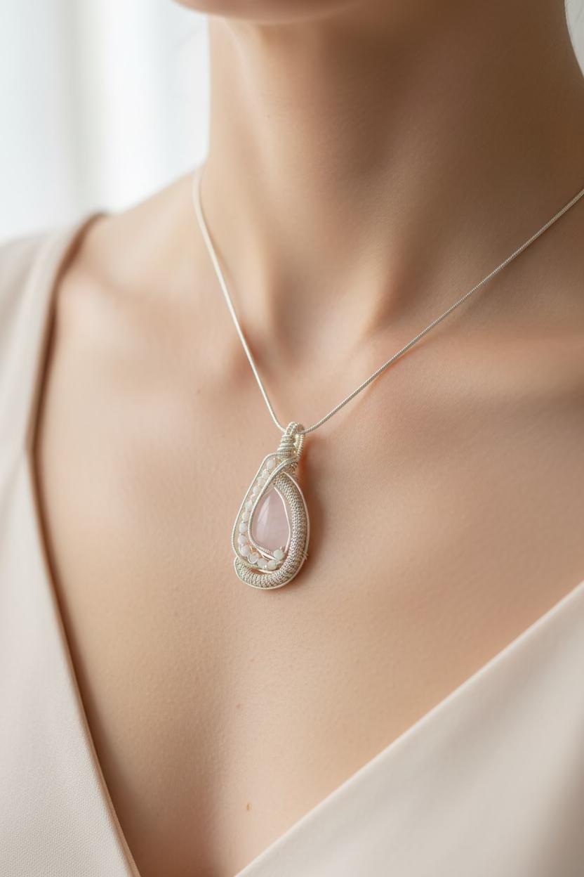 Model wearing the handcrafted Blushing Moon Pendant featuring a natural Rose Quartz surrounded by Moonstones wrapped in silver-toned copper wire.