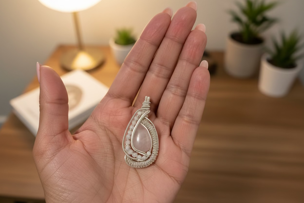 Close-up of the handcrafted Blushing Moon Pendant resting in a hand, showcasing natural Rose Quartz, Moonstones, and intricate silver-toned copper wire weaving.