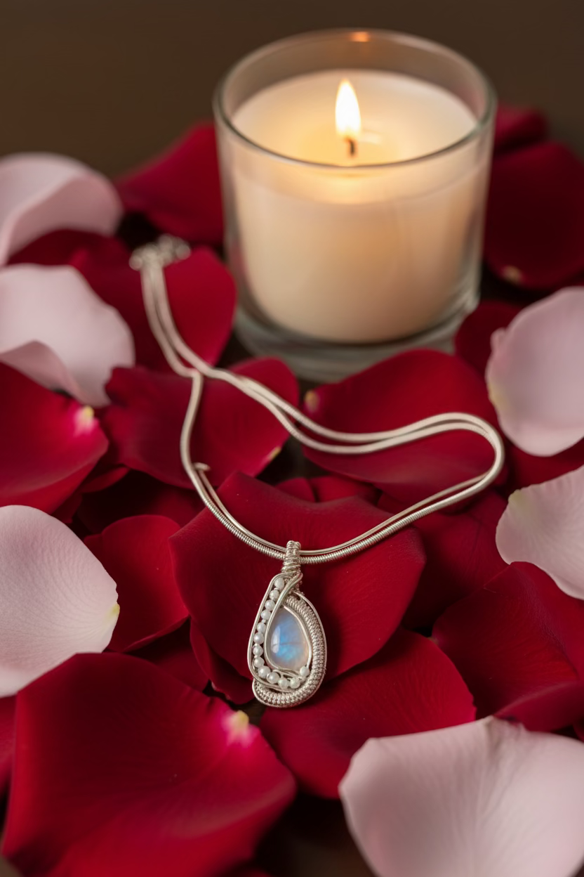 Handmade Blushing Moon Pendant displayed on rose petals beside a glowing candle, highlighting the natural Rose Quartz, Moonstones, and elegant silver-toned copper wire craftsmanship.