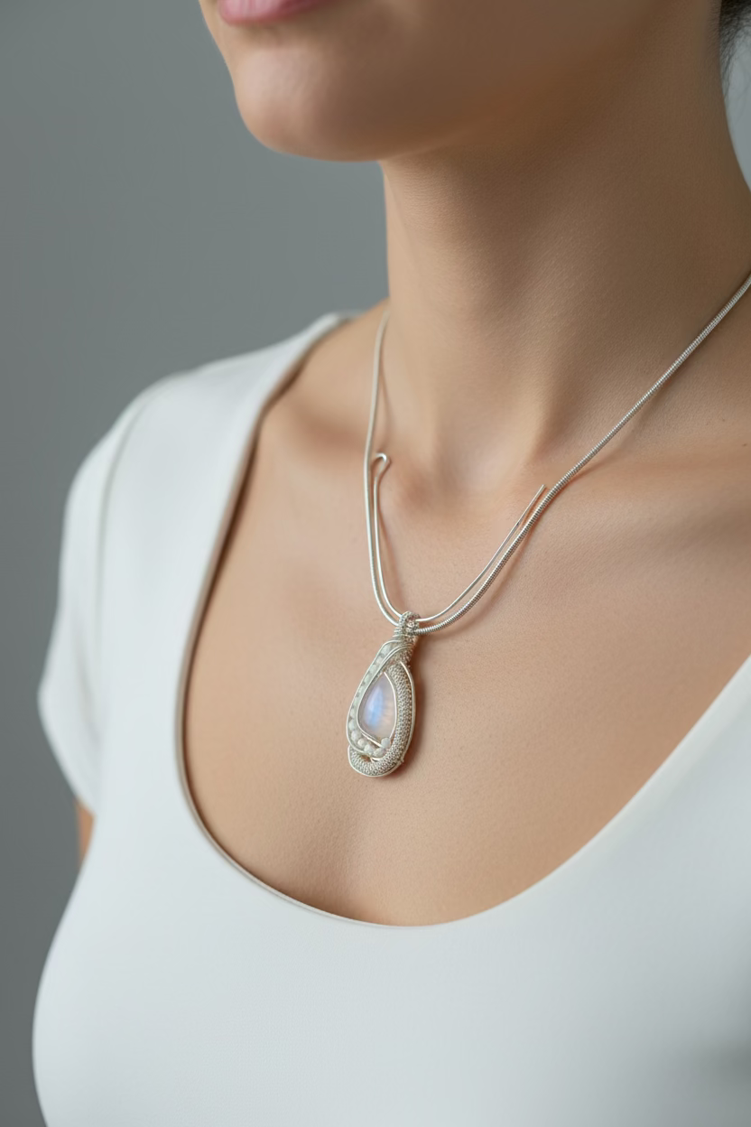 Model wearing the handcrafted Blushing Moon Pendant featuring a natural Rose Quartz surrounded by Moonstones wrapped in silver-toned copper wire.