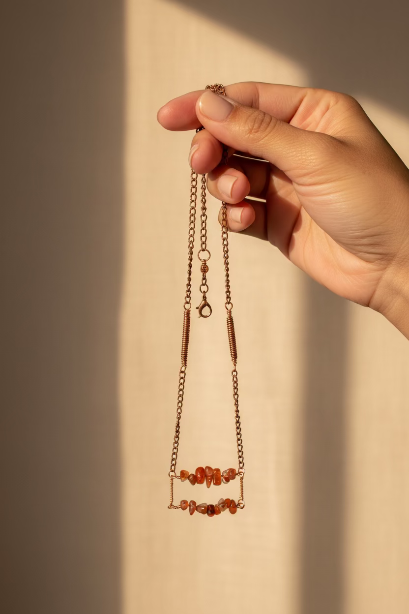 hand holding Canyon Glow handmade necklace showing natural orange Carnelian gemstone chips, copper wire wrapping, and antique copper-toned chain.