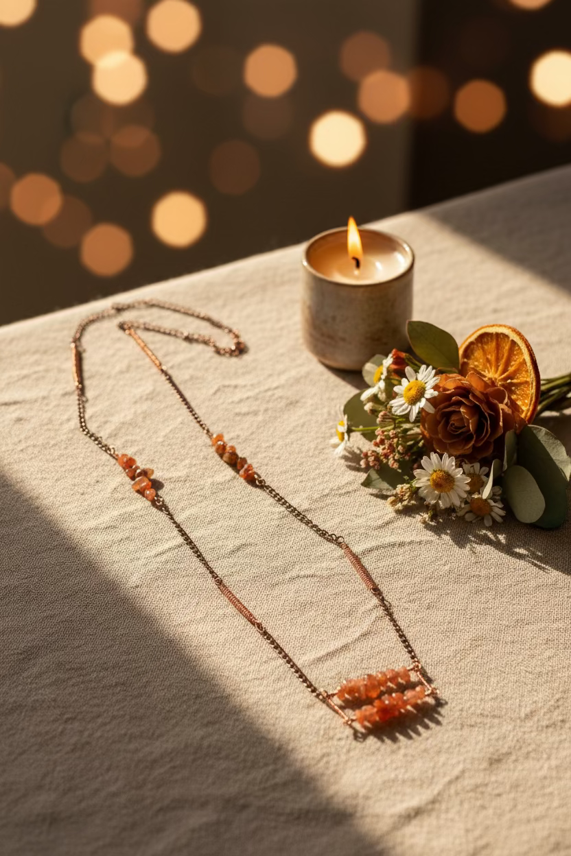 Handmade Canyon Glow necklace with natural orange gemstone chips displayed on linen beside a candle and floral arrangement.