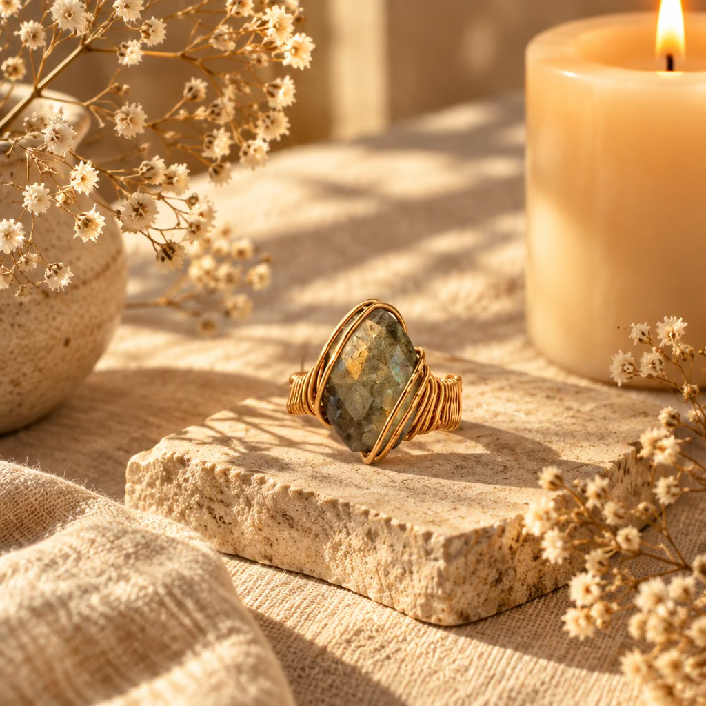 Faceted labradorite ring standing on a stone display, showing the copper wire setting and woven band.
