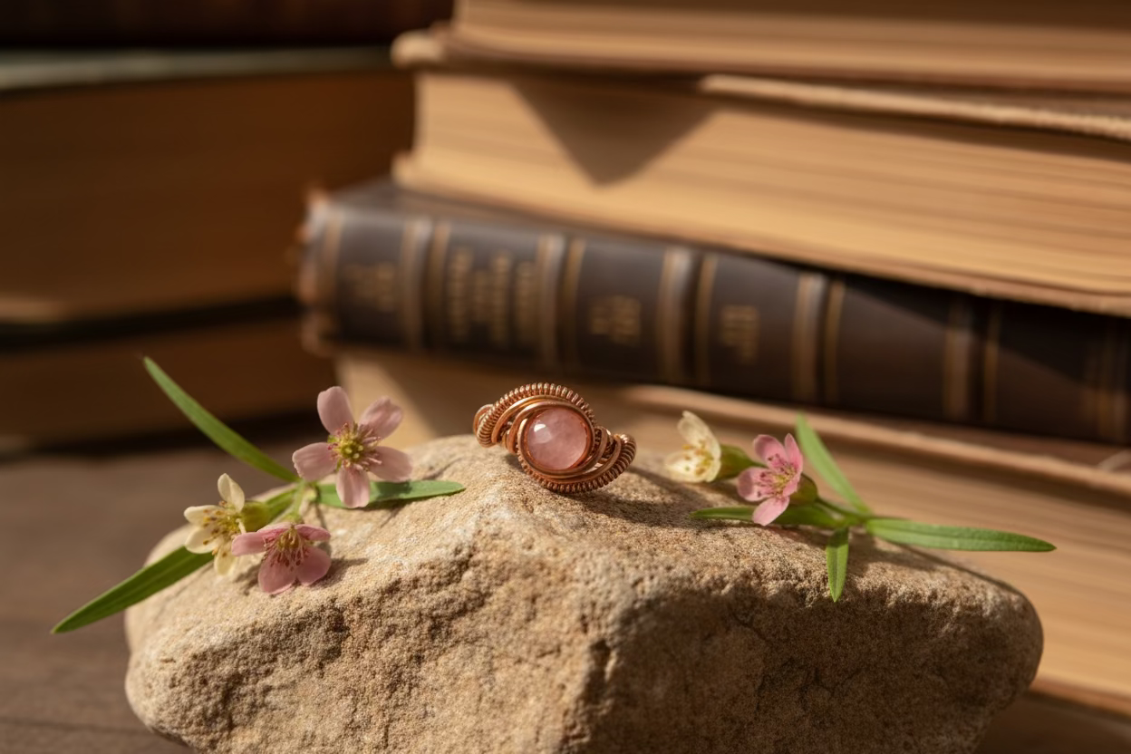 Blush Pink Quartz Wire Wrapped Ring – Handcrafted Copper Statement Ring