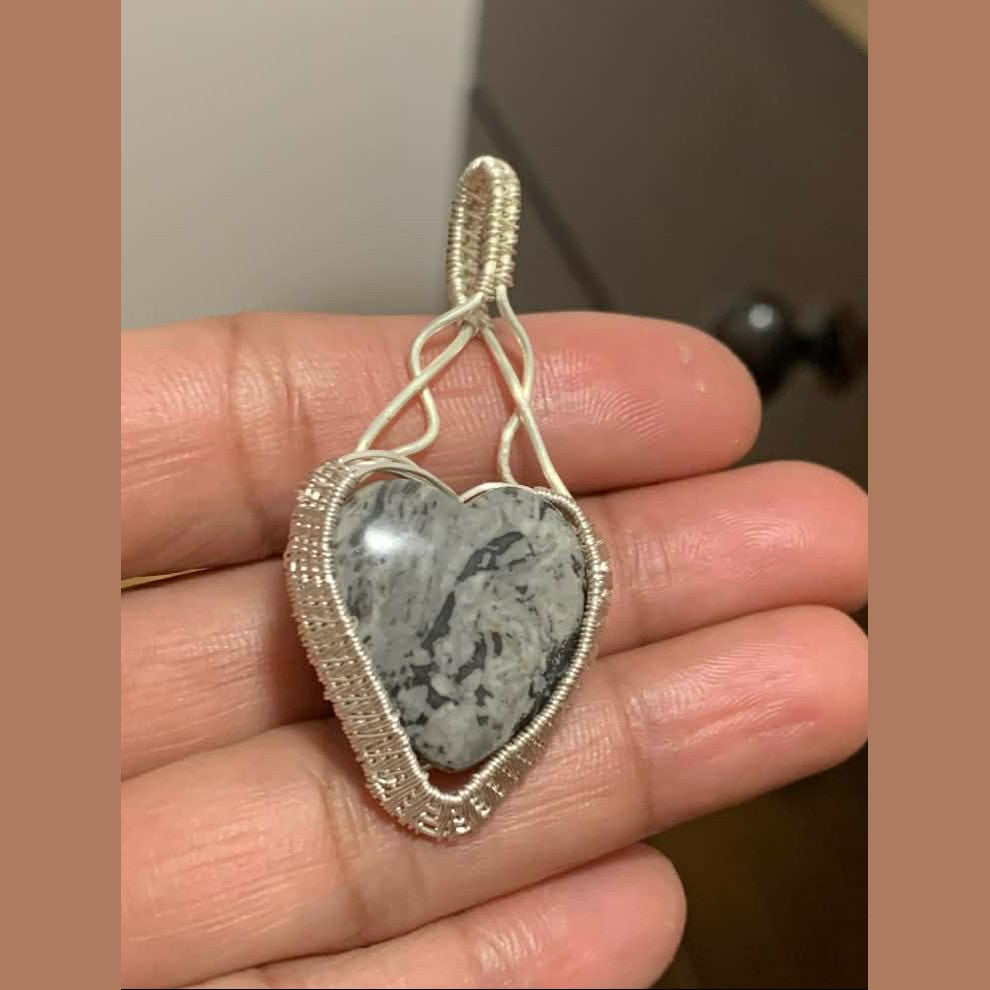 Natural Grey & White Rock Wrapped in Silver Copper Wire (2.5")