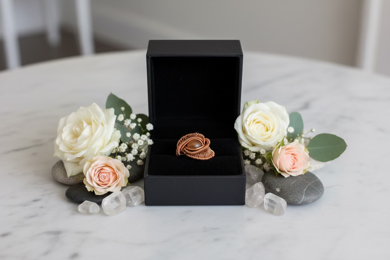 Coffee Mystic Aura Quartz Ring – Handcrafted Copper Wire Wrapped Statement Ring | Unique Healing Crystal Jewelry Gift