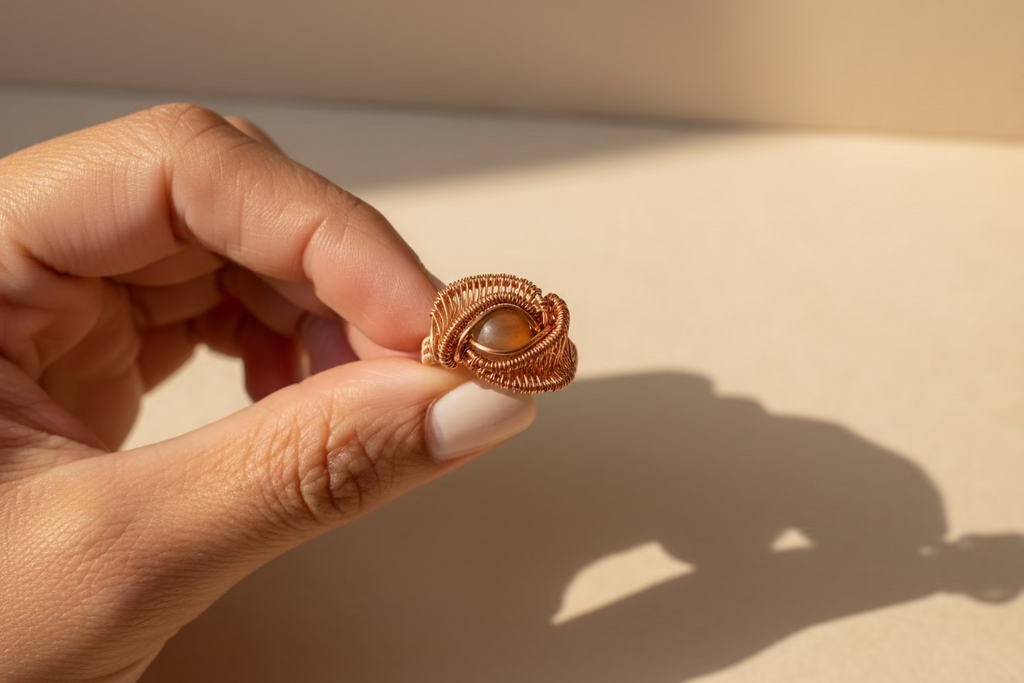 Coffee Mystic Aura Quartz Ring – Handcrafted Copper Wire Wrapped Statement Ring | Unique Healing Crystal Jewelry Gift