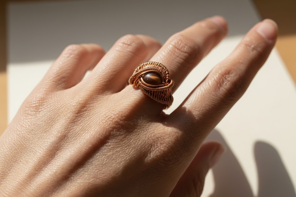 Coffee Mystic Aura Quartz Ring – Handcrafted Copper Wire Wrapped Statement Ring | Unique Healing Crystal Jewelry Gift