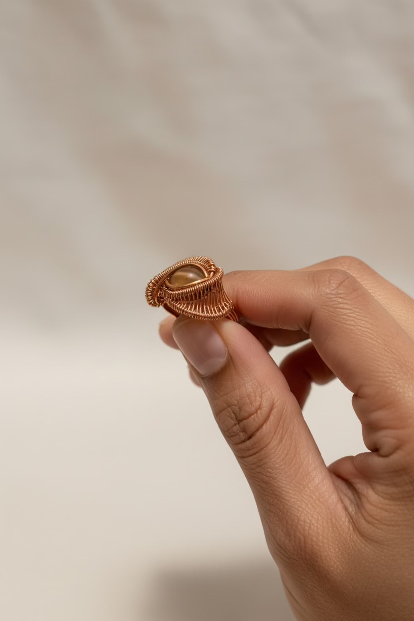 Coffee Mystic Aura Quartz Ring – Handcrafted Copper Wire Wrapped Statement Ring | Unique Healing Crystal Jewelry Gift