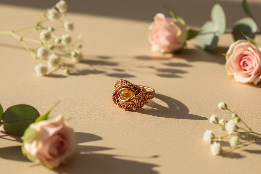 Coffee Mystic Aura Quartz Ring – Handcrafted Copper Wire Wrapped Statement Ring | Unique Healing Crystal Jewelry Gift