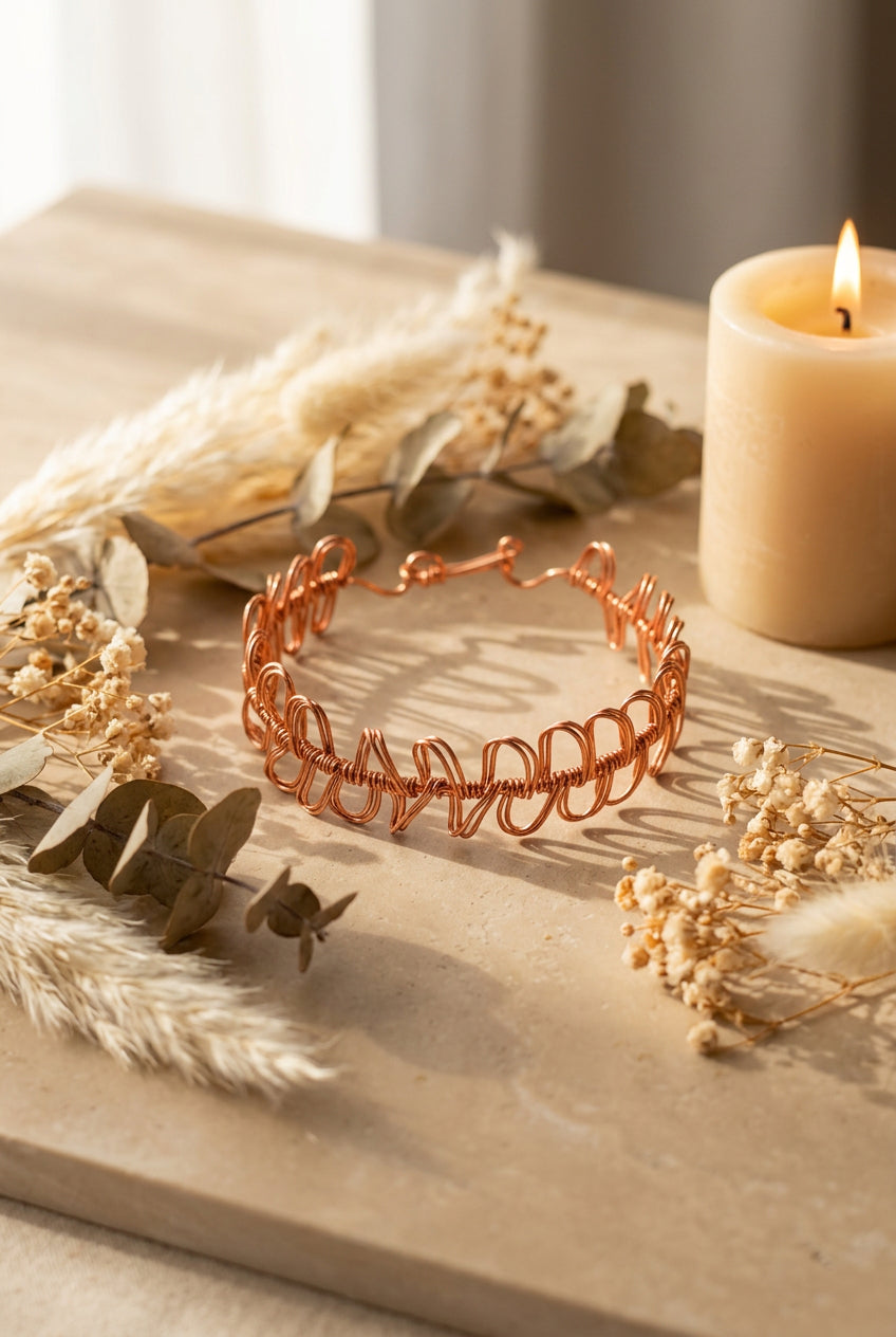 Close-up of the handcrafted Copper Rhapsody copper wire bracelet featuring sculptural repeating loops.