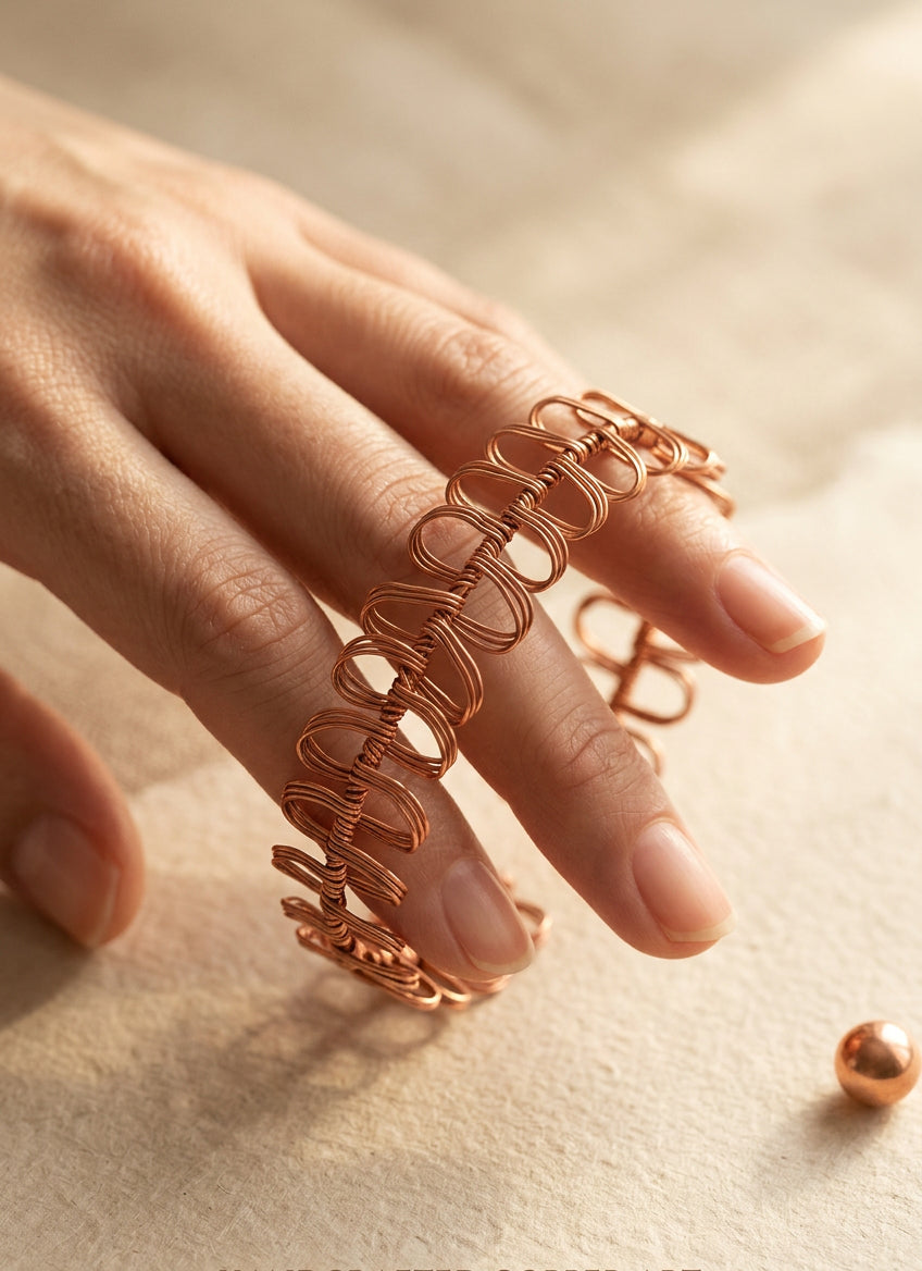 Close-up of the handcrafted Copper Rhapsody copper wire bracelet featuring sculptural repeating loops.