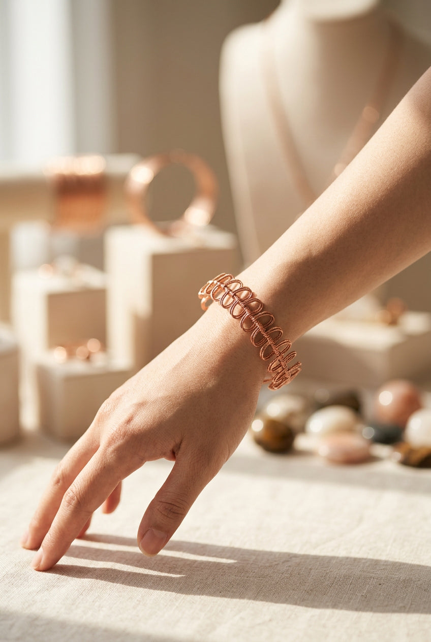 Copper Rhapsody sculptural copper wire bracelet worn on the wrist, showcasing its repeating loop design.