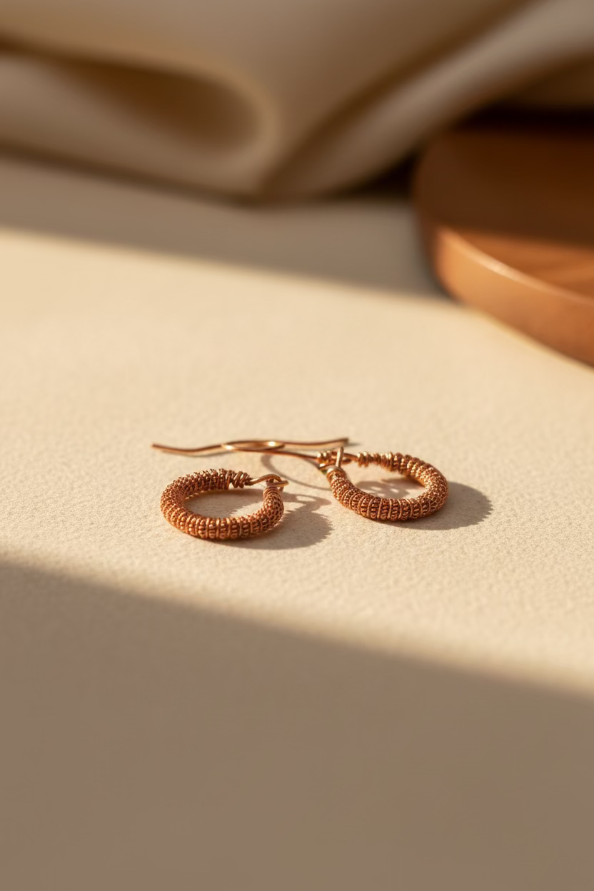 Close-up of handcrafted woven copper hoop earrings from the Copper Sonata jewelry set.