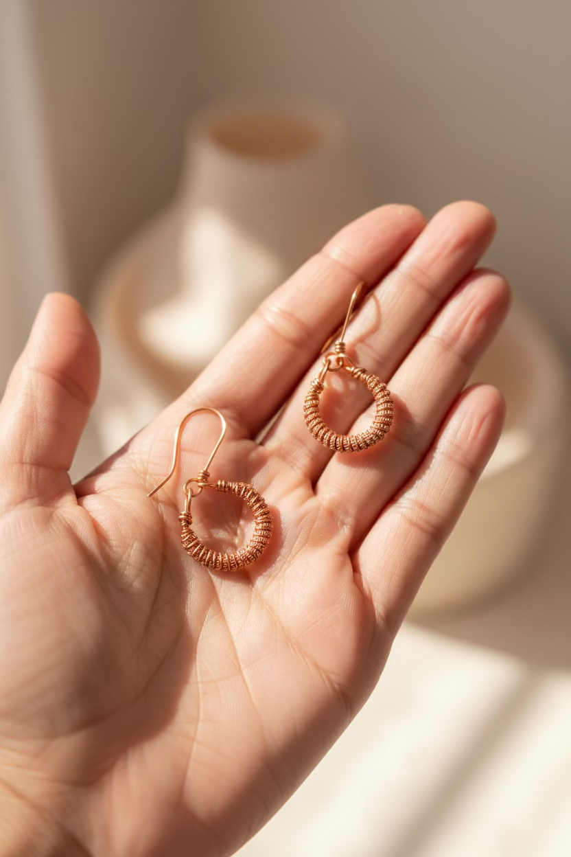 Close-up of handcrafted woven copper hoop earrings from the Copper Sonata jewelry set.