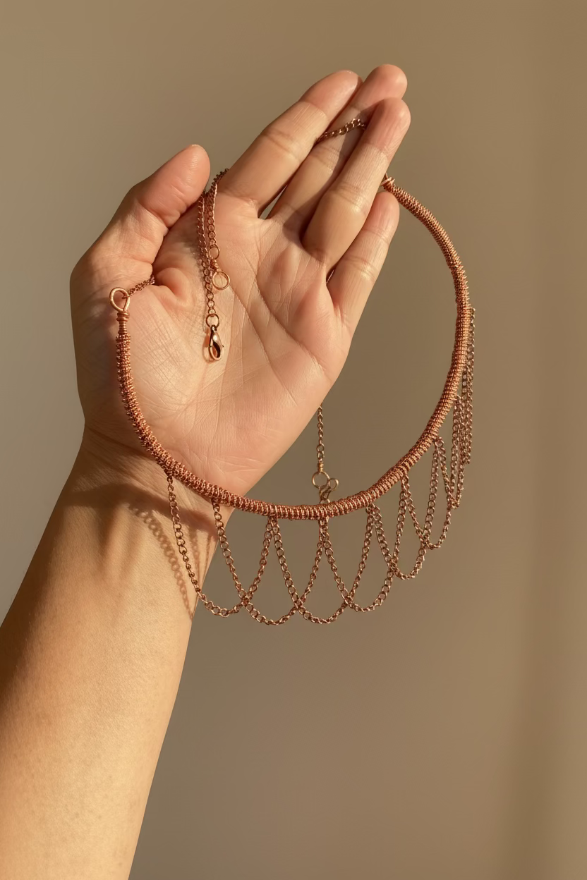 Close-up of handcrafted woven Copper Sonata choker