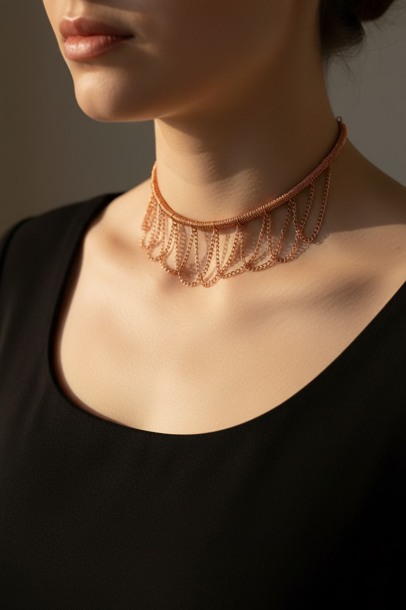 Woman wearing the handmade Copper Sonata woven copper choker featuring elegant layered chain drapes.