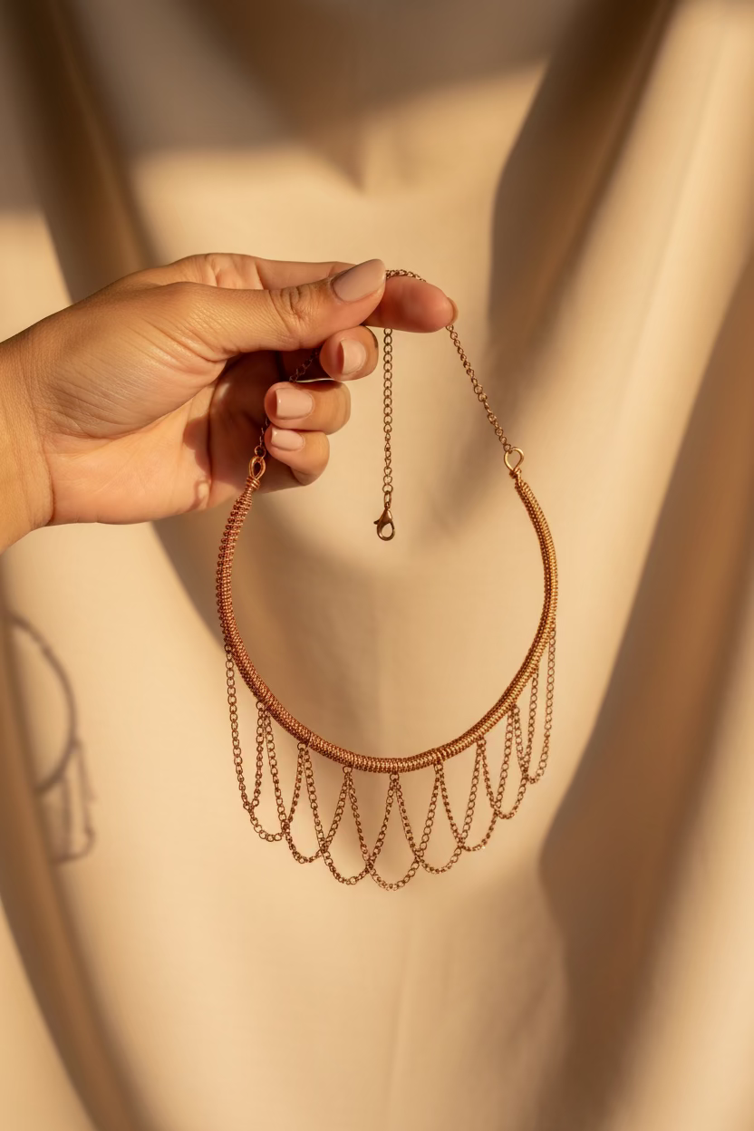 Close-up of handcrafted woven Copper Sonata choker