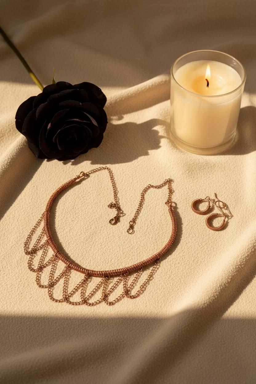 Handcrafted Copper Sonata woven copper choker and matching earrings displayed together on a rustic wooden background.