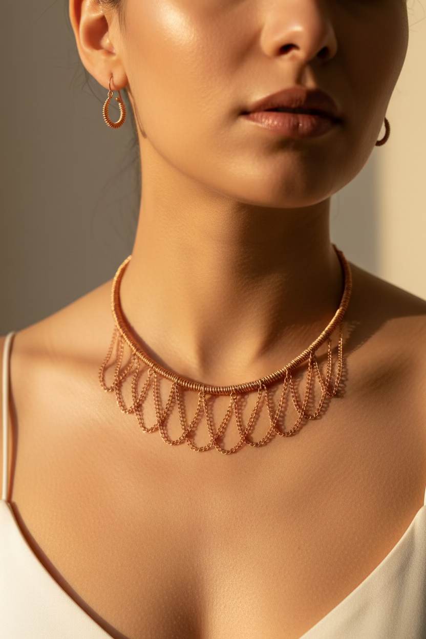 Woman wearing the handmade Copper Sonata woven copper choker with matching artisan copper earrings featuring elegant layered chain drapes.
