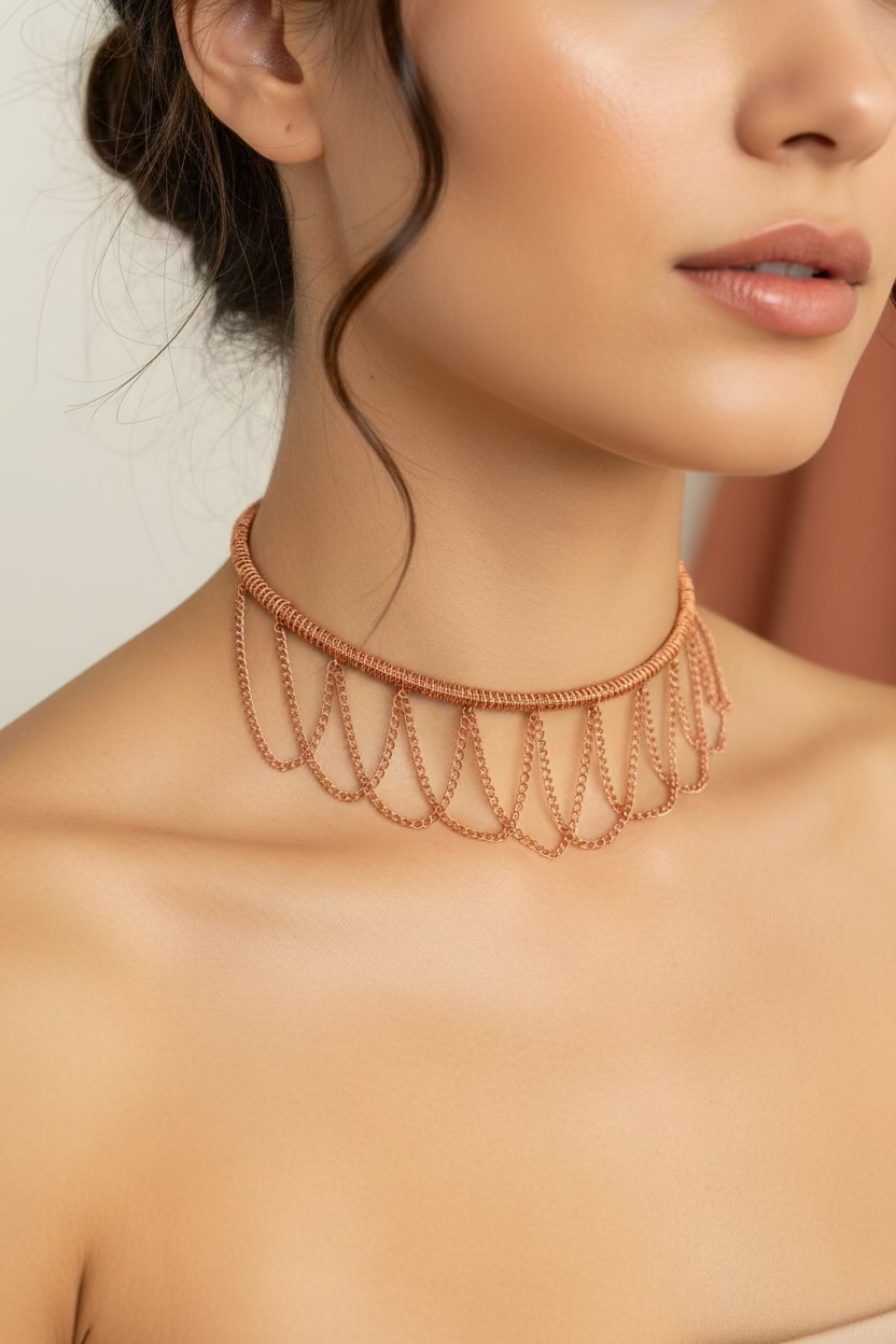 Woman wearing the handmade Copper Sonata woven copper choker with matching artisan copper earrings featuring elegant layered chain drapes.