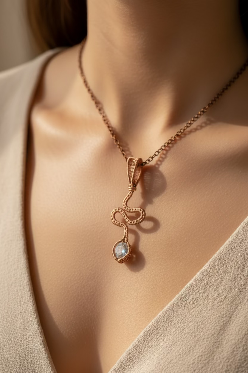 Handwoven Copper Tie pendant featuring an 8 mm zirconia displayed on a model wearing a cream blouse.