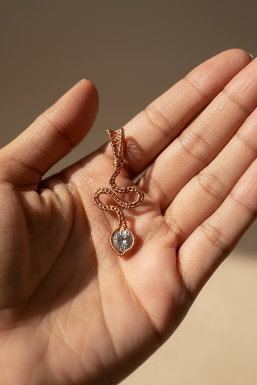 Copper Tie handcrafted copper pendant with a sparkling 8 mm zirconia resting in the palm of a hand.