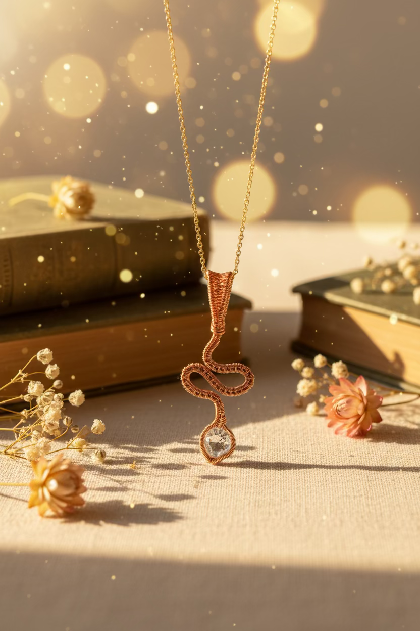 Copper Tie artisan copper pendant with an 8 mm zirconia styled beside a candle, dried rose, and wine glass.