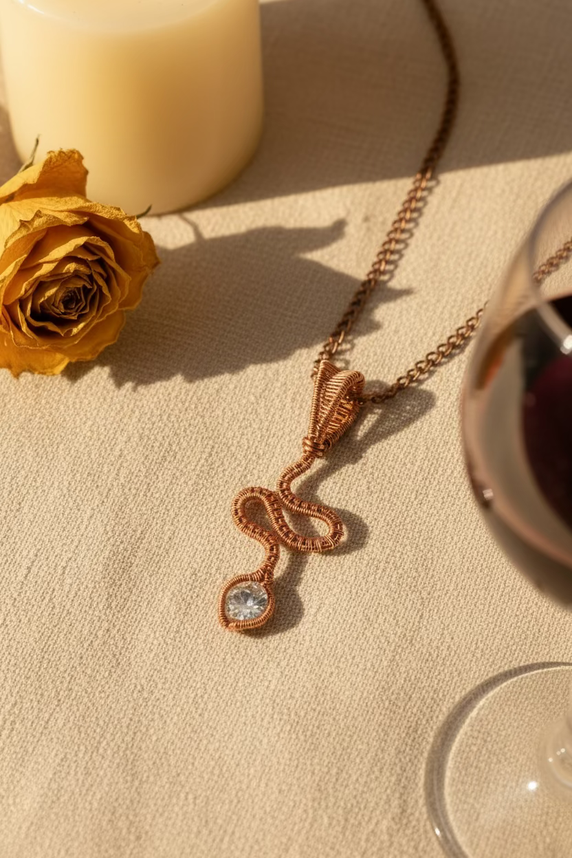 Copper Tie artisan copper pendant with an 8 mm zirconia styled beside a candle, dried rose, and wine glass.