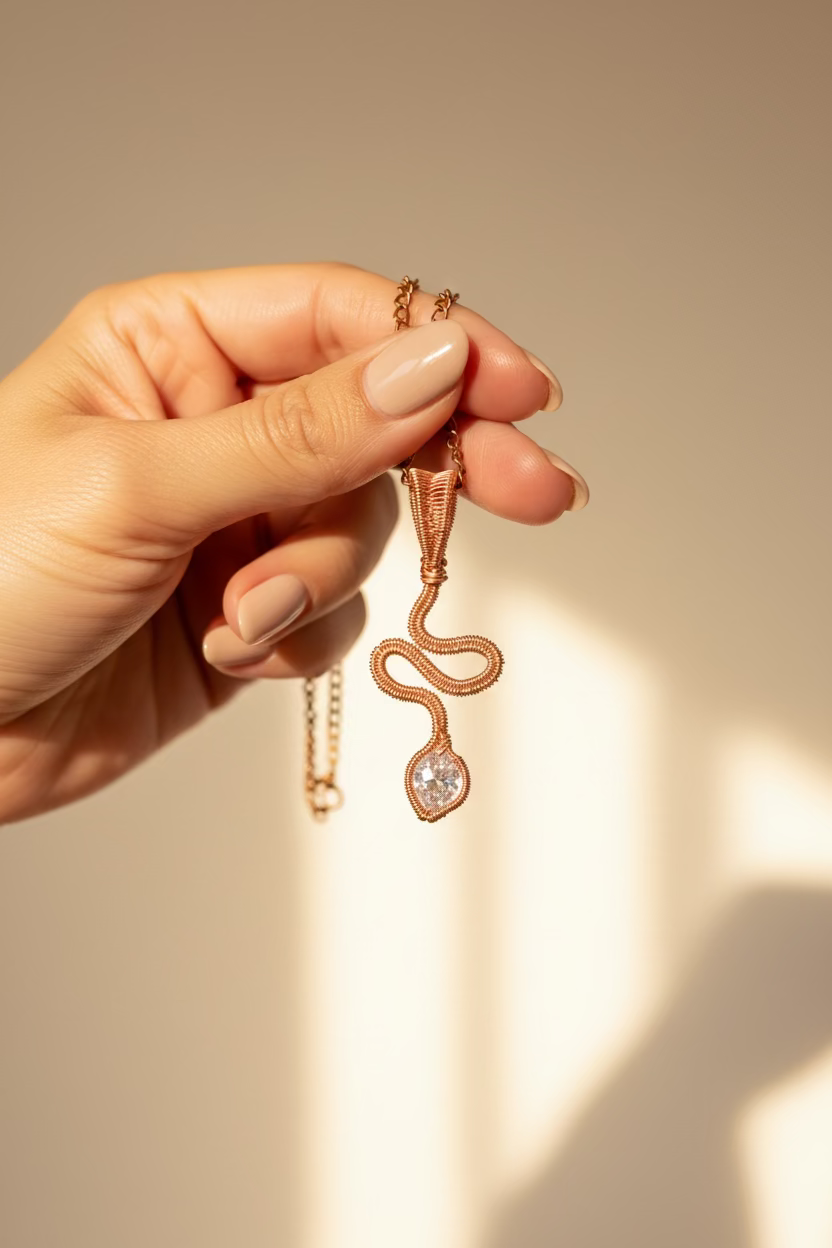 Copper Tie handcrafted copper pendant with a sparkling 8 mm zirconia showing  in pinch of a hand.