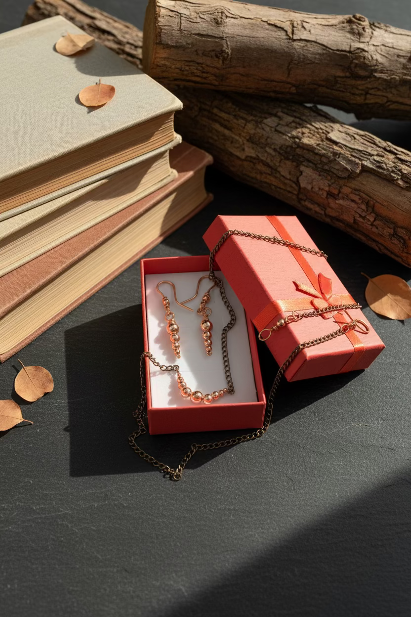 Mixed Copper Bead Necklace & Earrings Set – Oxidized Chain with Polished Copper Accents