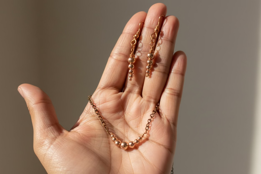 Mixed Copper Bead Necklace & Earrings Set – Oxidized Chain with Polished Copper Accents