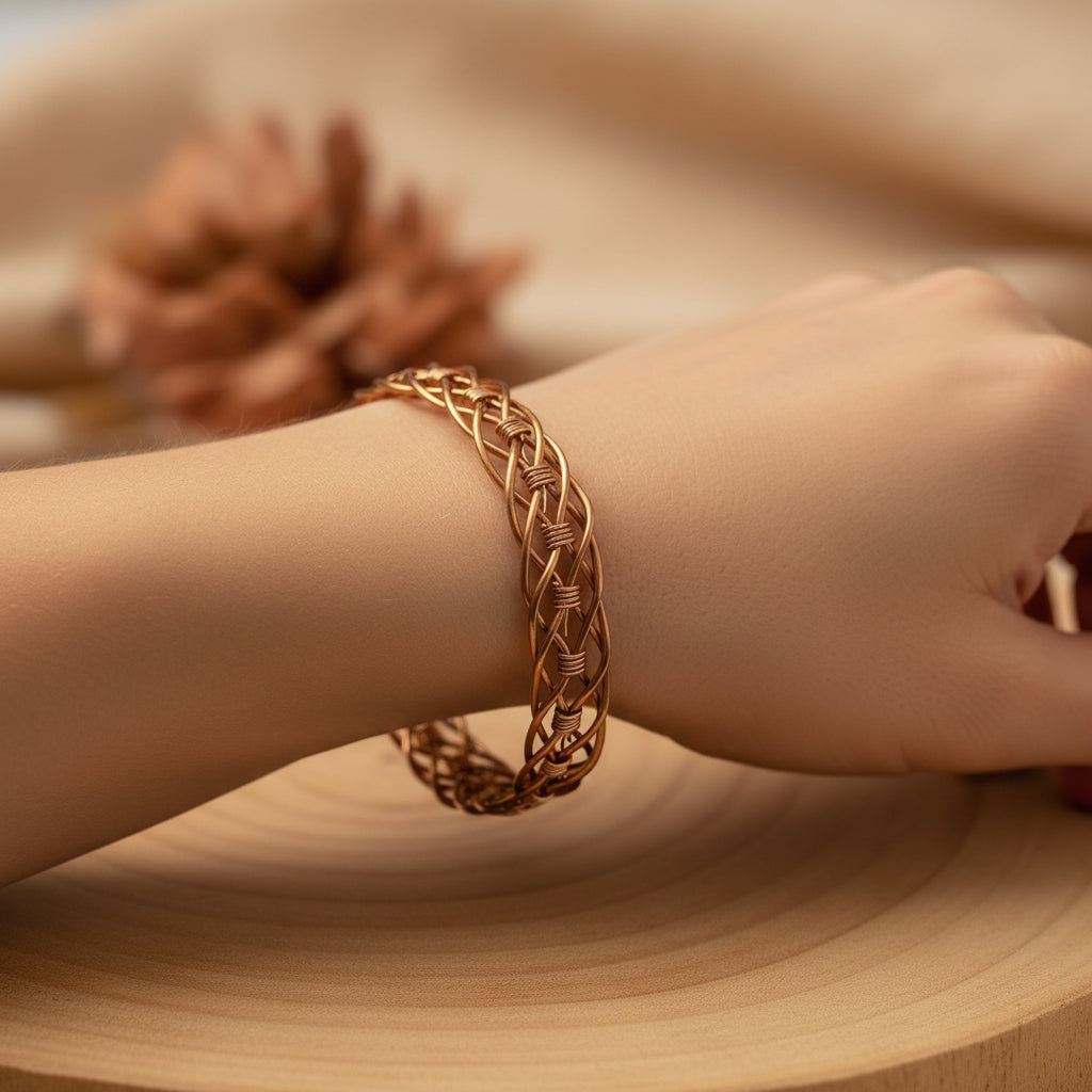 copper bracelet with intrinsic weaving pattern is being showcased in model wrist.