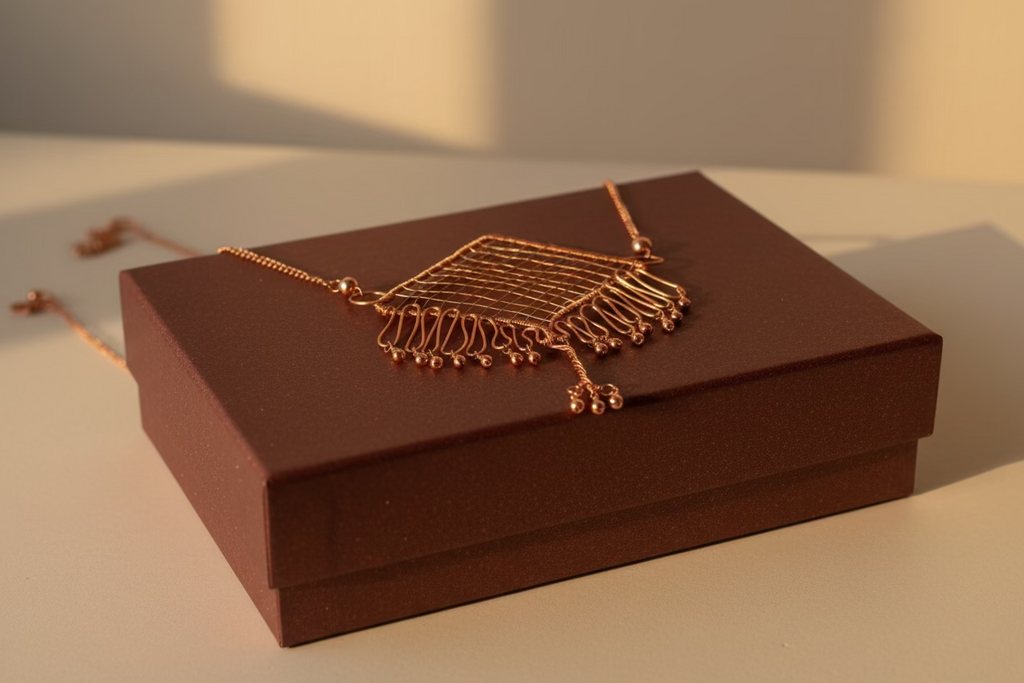 Handcrafted Copper Statement Necklace – Geometric Wire-Wrapped Pendant with Fringe Detail