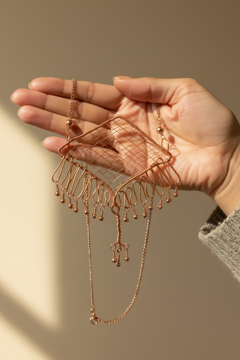 Handcrafted Copper Statement Necklace – Geometric Wire-Wrapped Pendant with Fringe Detail