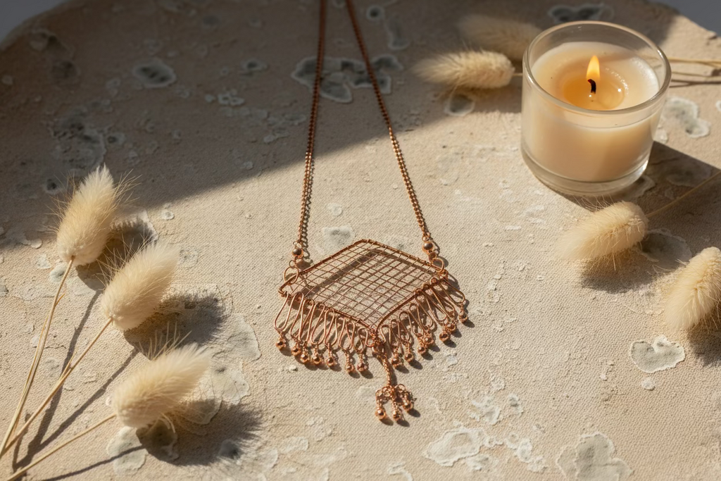 Handcrafted Copper Statement Necklace – Geometric Wire-Wrapped Pendant with Fringe Detail