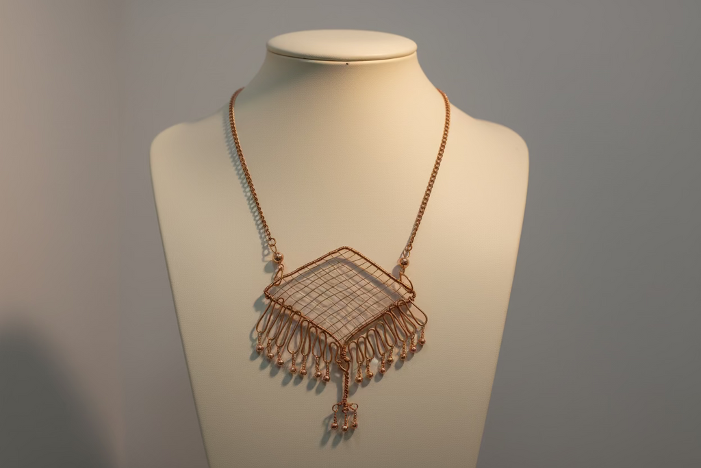 Handcrafted Copper Statement Necklace – Geometric Wire-Wrapped Pendant with Fringe Detail