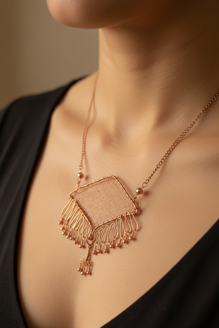 Handcrafted Copper Statement Necklace – Geometric Wire-Wrapped Pendant with Fringe Detail