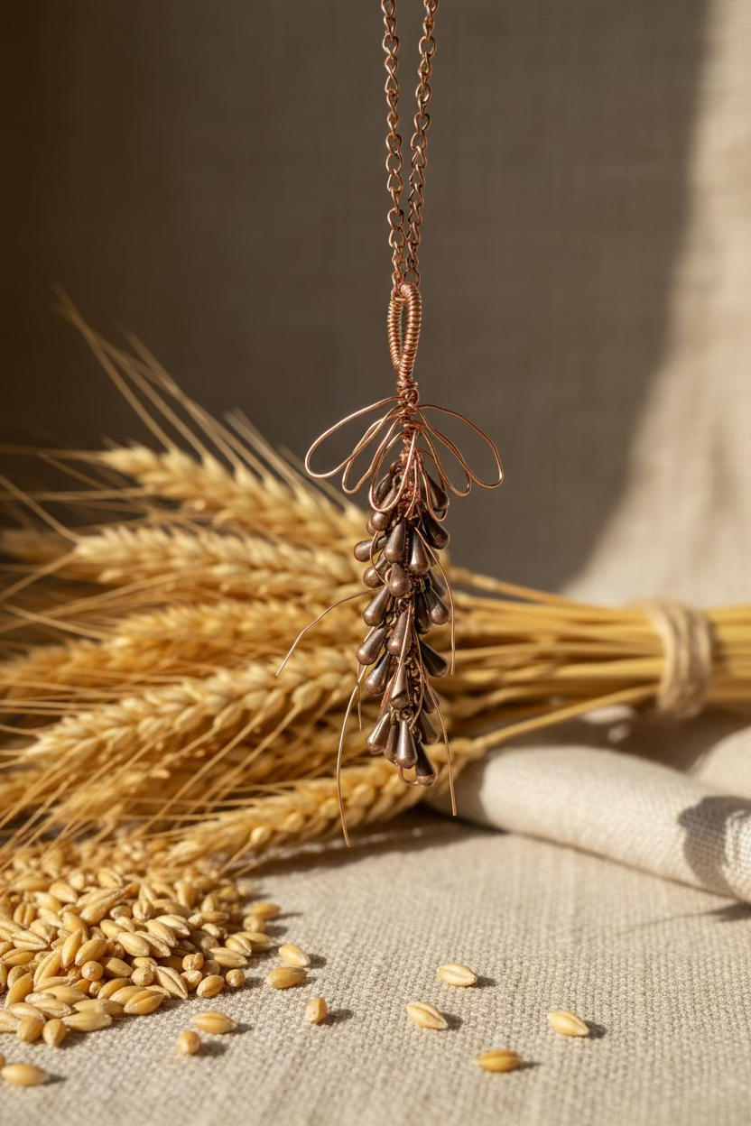 Handcrafted Copper Wheat Pendant Necklace – Nature-Inspired Artisan Jewelry | Rustic Boho Gift for Her