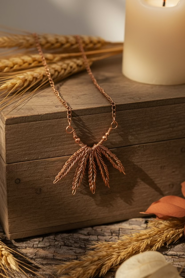 Copper Wheat Pendant Necklace – Handcrafted Rustic Boho Jewelry, Symbol of Abundance