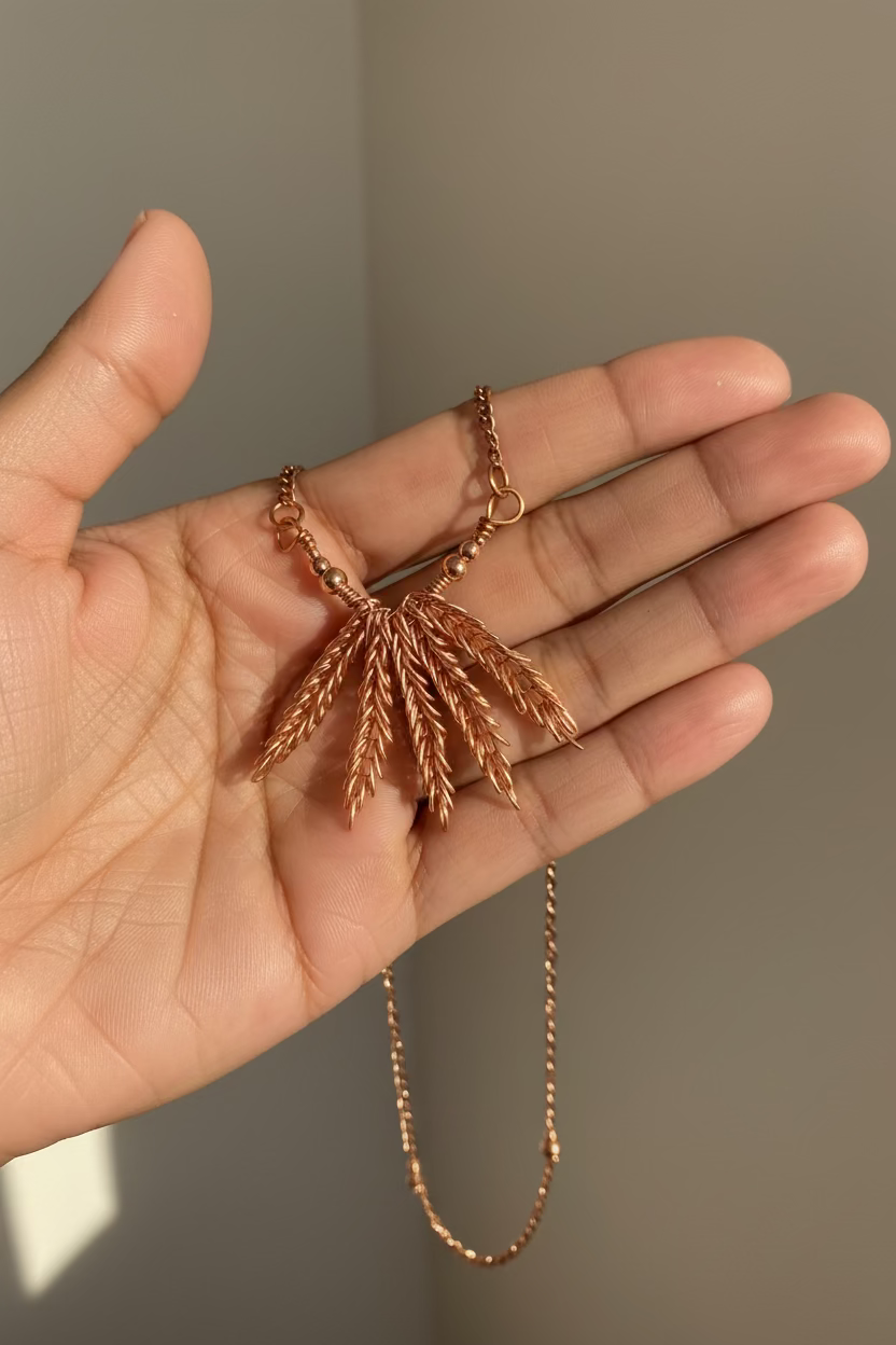 Copper Wheat Pendant Necklace – Handcrafted Rustic Boho Jewelry, Symbol of Abundance