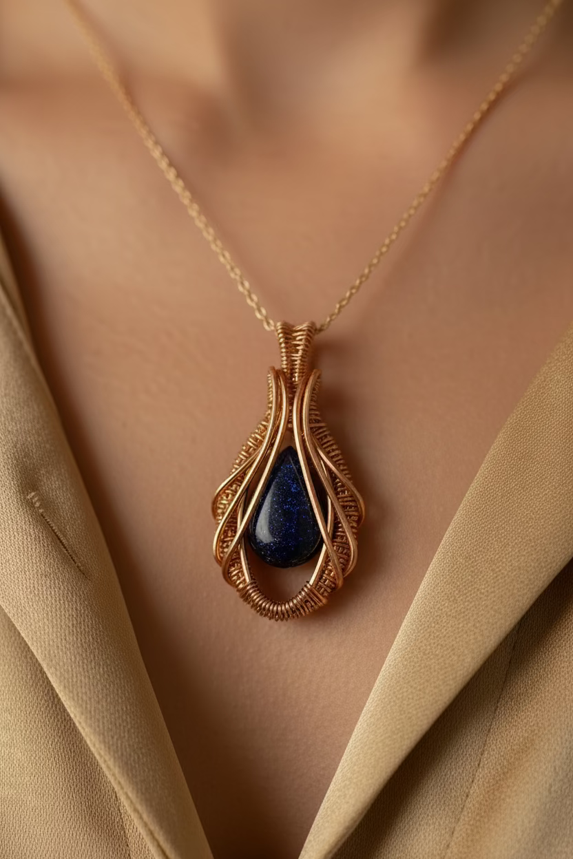 Woman wearing the Cosmic Bloom handmade Blue Goldstone pendant wrapped in polished copper wire with a floral-inspired artisan design.