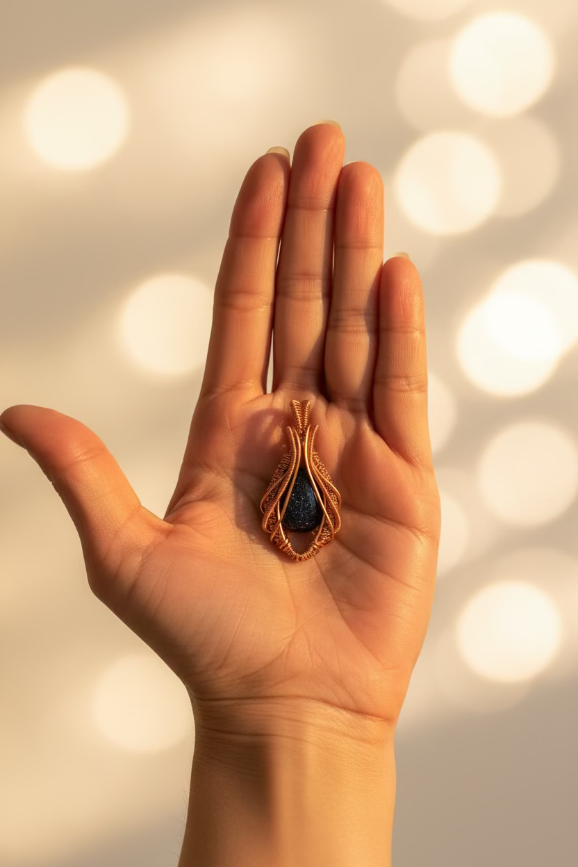 Close-up of the Cosmic Bloom handcrafted Blue Goldstone pendant featuring shimmering midnight blue stone wrapped in flowing copper wire