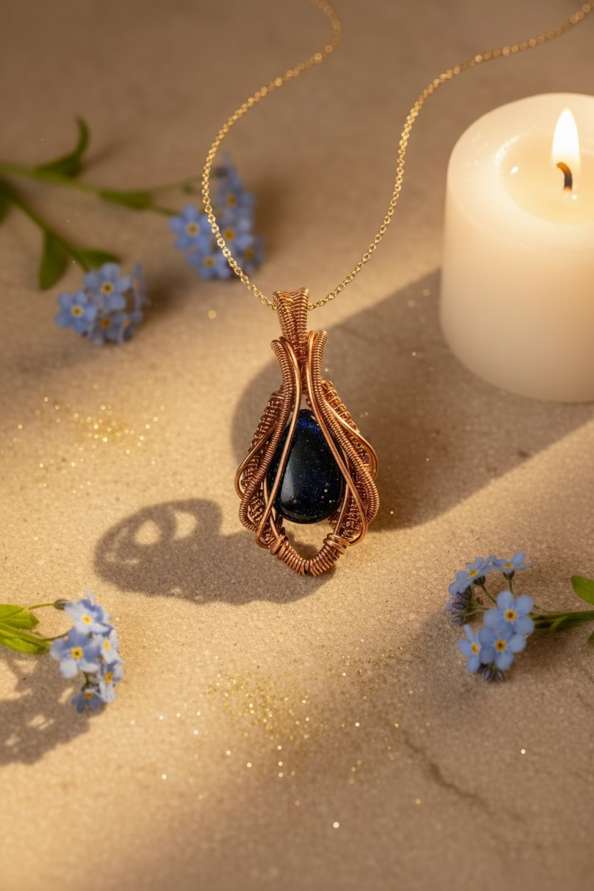 Handmade Cosmic Bloom Blue Goldstone wire wrapped copper pendant displayed to highlight artisan craftsmanship and elegant floral silhouette.