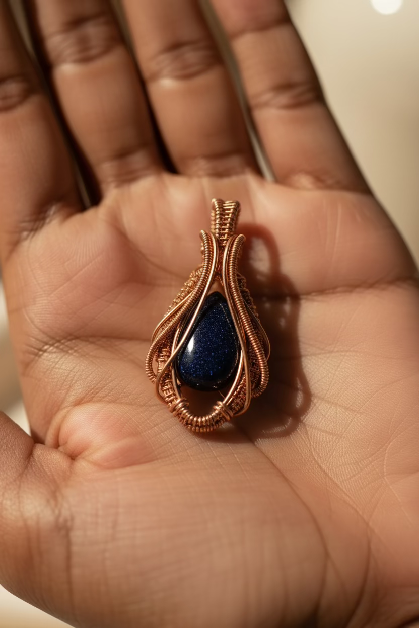 Close-up of the Cosmic Bloom handcrafted Blue Goldstone pendant featuring shimmering midnight blue stone wrapped in flowing copper wire