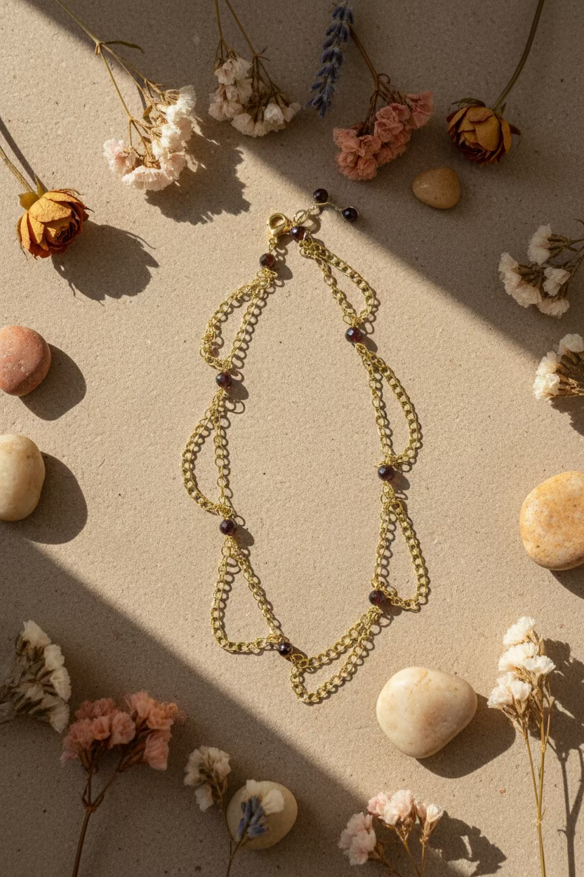 Handmade gold-colored layered chain anklet with faceted garnet beads arranged to highlight its delicate cascading design.