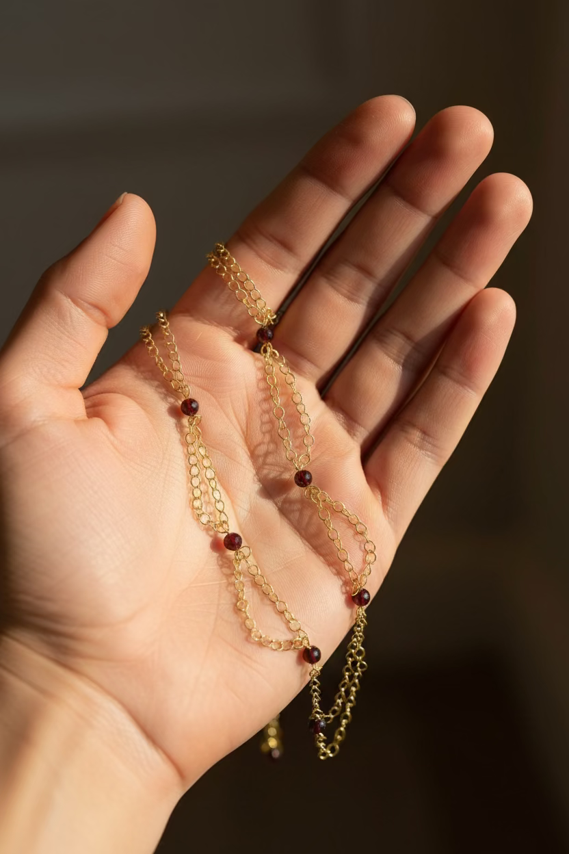 Close-up of a handmade gold-colored chain anklet with faceted garnet beads displayed in the palm, showcasing the layered draping design and craftsmanship.
